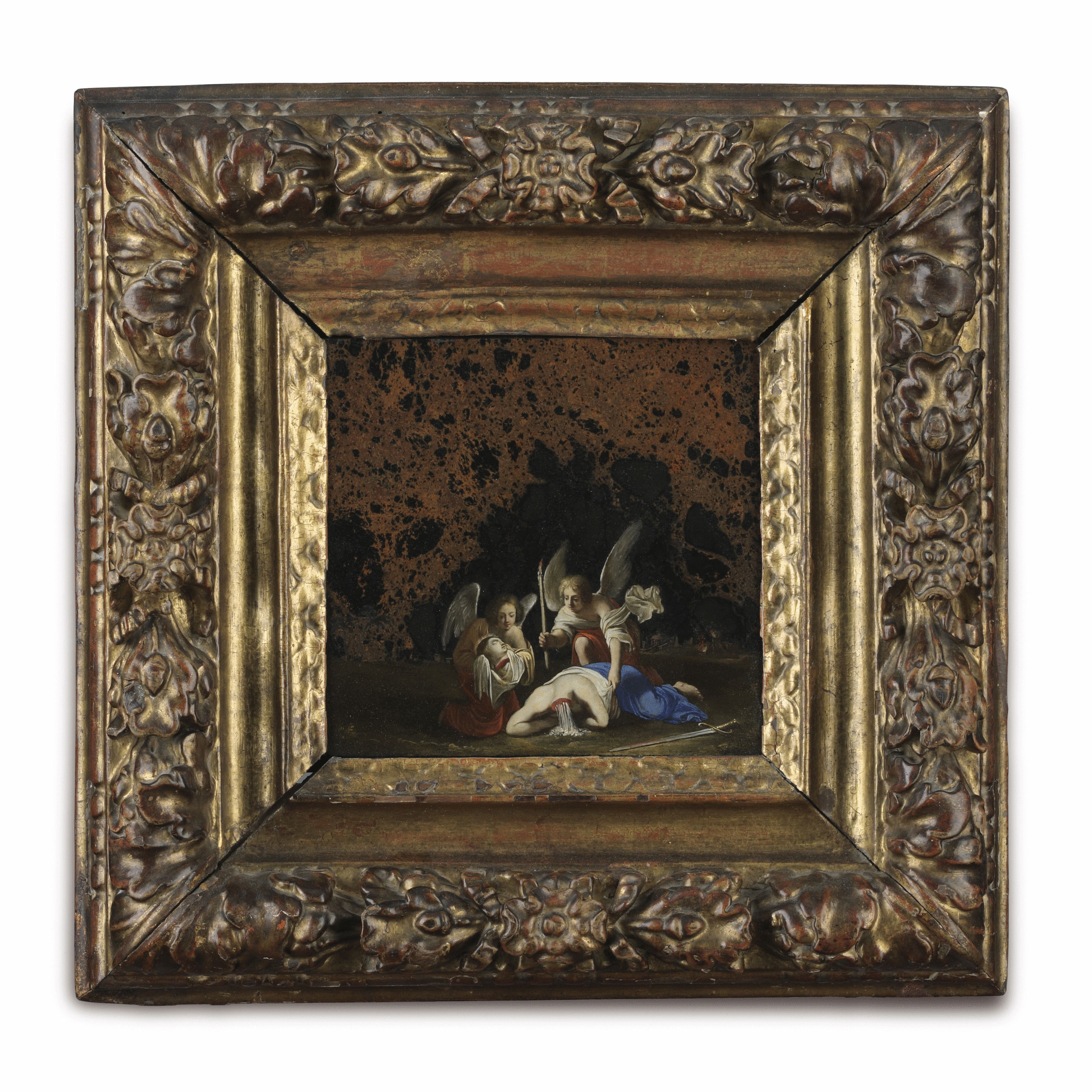 Oil on Sicilian Jasper of the Miracle of the Martyrdom of St Catherine of Alexandria Attributed to the French Artist Jacques Stella
